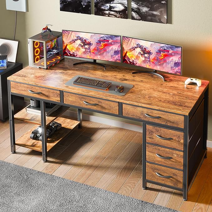 Huuger Computer Desk with 6 Drawers, 54 Inch Office Desk with Shelves, - Image 2