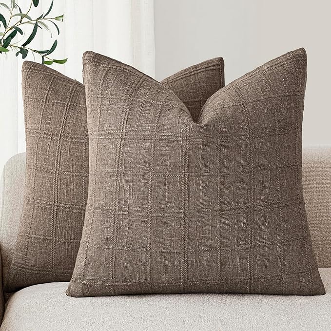 Foindtower Set of 2 Decorative Linen Check Throw Pillow Covers Neutral by Foindtower