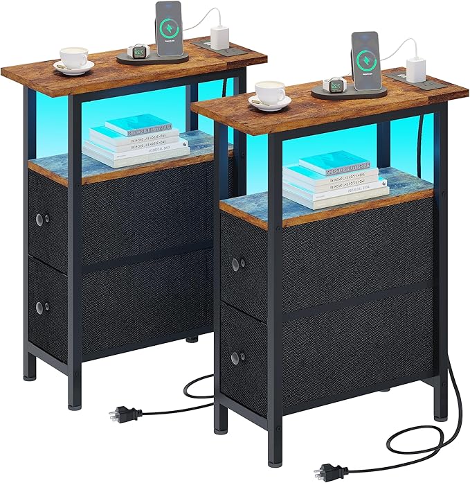 End Table Set 2 with Charging Station, Narrow Side Table with 2 Fabric Drawers by TRIFEBLE