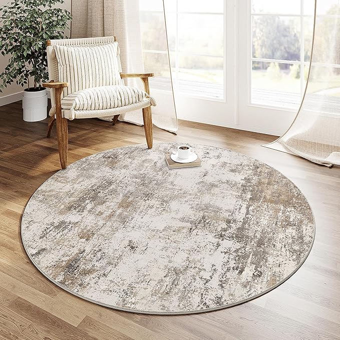 4x4 Washable Round Rug Brown Grey Neutral Abstract Entryway Non Slip Low Pile by WondRg