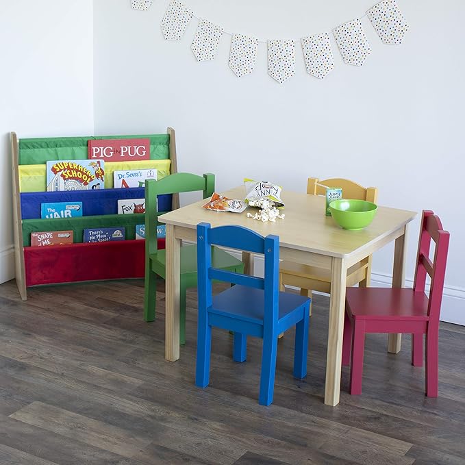 Humble Crew Kids Wooden Table and 4 Chairs Set, Natural/Primary - Image 2
