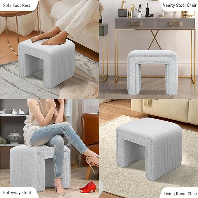 Get Set Style Vanity Stool Chair, Modern Linen Ottoman Foot Stool - Image 7