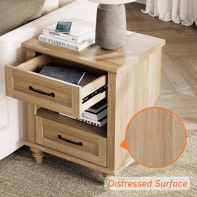 WAMPAT Oak Night Stand with 2 Drawers, Wooden Sofa Side Table with Charging - Image 5
