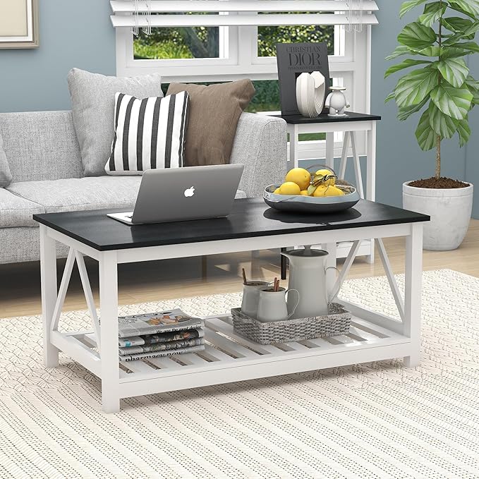 Farmhouse Coffee Table, 2-Tier Rectangular Wooden Centre Cocktail Table by UYIHOME