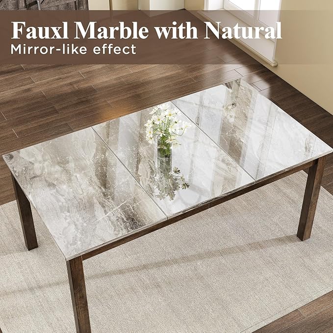 7-Piece Dining Table Set, Solid Wood Curved Backrests & PU Cushioned Seats - Image 3