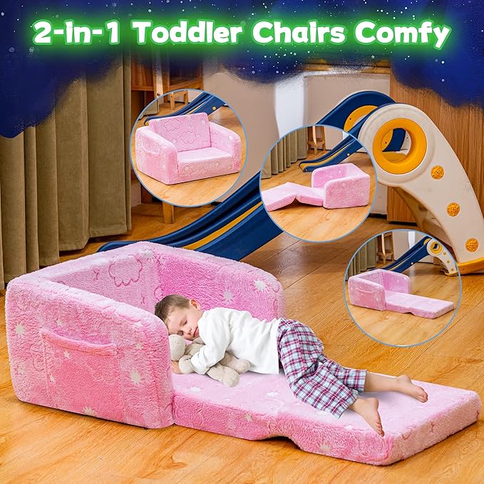 Lamerge 2-in-1 Soft Toddler Couch Fold Out, Foldable Toddler Chair, Glow in The - Image 6