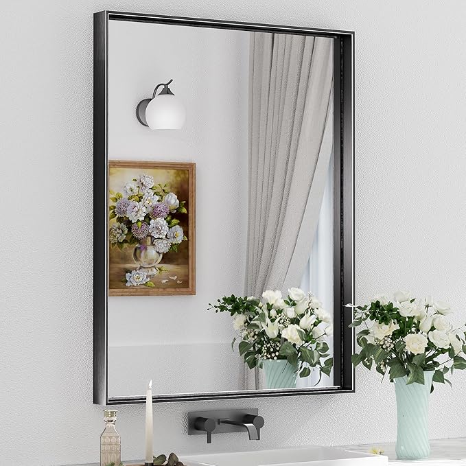 Keonjinn Black Bathroom Vanity Mirror 28 x 36 Inch Rectangle Wall Mirror Metal by Keonjinn