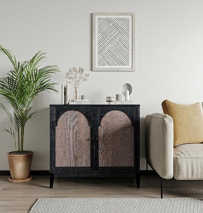 Sango Arch 2-Door Accent Cabinet, Modern Black & Brown Storage Cabinet - Image 2