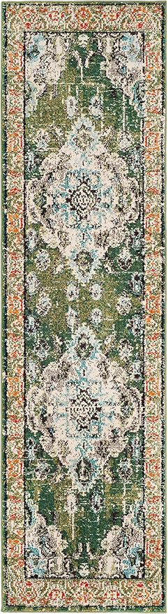 SAFAVIEH Monaco Collection 2'2" x 22' Forest GreenLight Blue MNC243F Boho Chic - Image 2