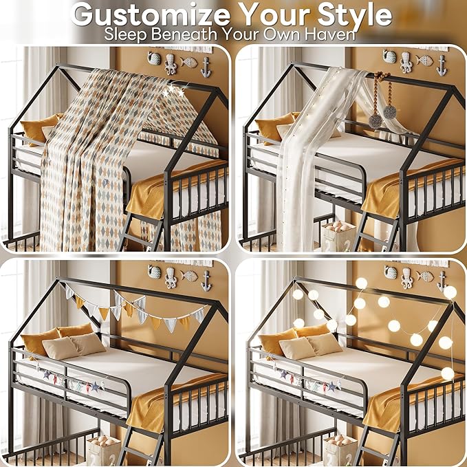 LIKIMIO Bunk Bed Twin Over Full Size, House Bunk Bed Frame - Image 6