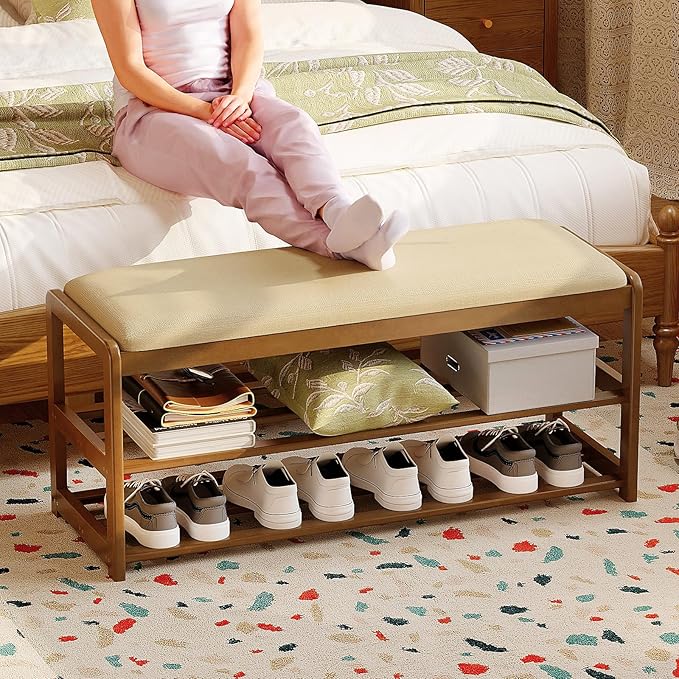 2-Tier Bamboo Shoe Bench with Cushion and Hidden Drawer, Entryway Shoe Rack - Image 8