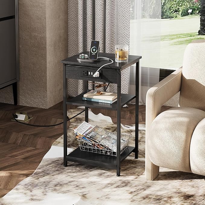 WLIVE Black End Table with Charging Station, Slim Night Stand with 3 Storage - Image 2