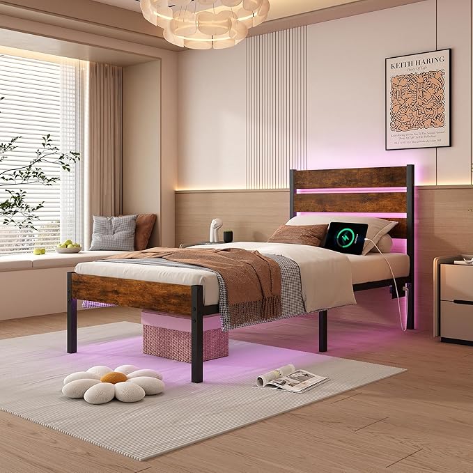 Twin Bed Frame with Headboard, Heavy Duty LED Bed Frame with USB Charging - Image 6
