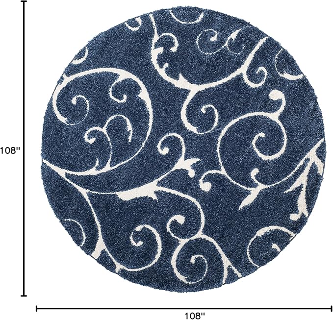 SAFAVIEH Florida Shag Collection 9' Round Dark Blue/Cream SG455 Scrolling Vine - Image 2