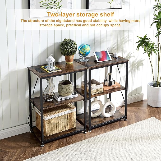 VECELO Tall End Table with Charging Station, Side Table with USB Ports and - Image 4