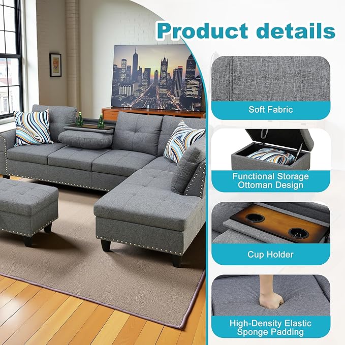 Couches for Living Room Modern L Shaped Couch Comfy Linen Fabric 3 Pieces - Image 5