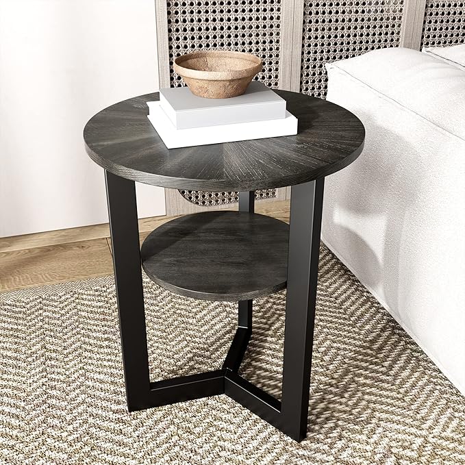 LEEMTORIG Round Side Table, 2-Tier End Table Nightstand by LEEMTORIG