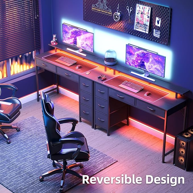 Computer Desk with 5 Drawers, Gaming Desk with LED Lights Power Outlets and - Image 4