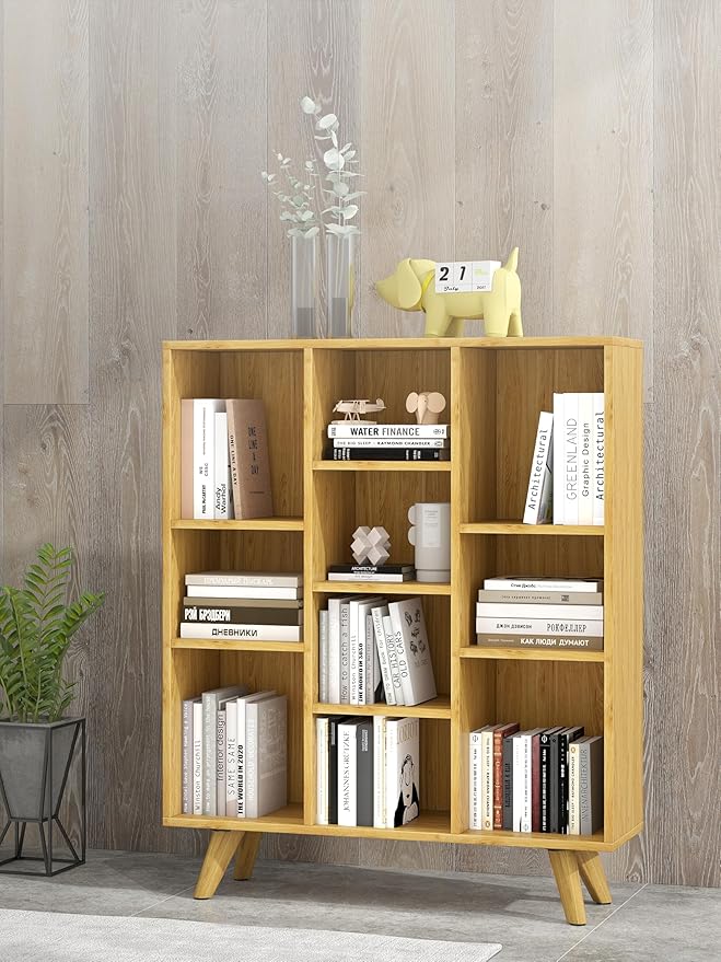 Manora Bookshelf with 10 Open Storage Cubes, Wooden Bookcase Organizer - Image 2