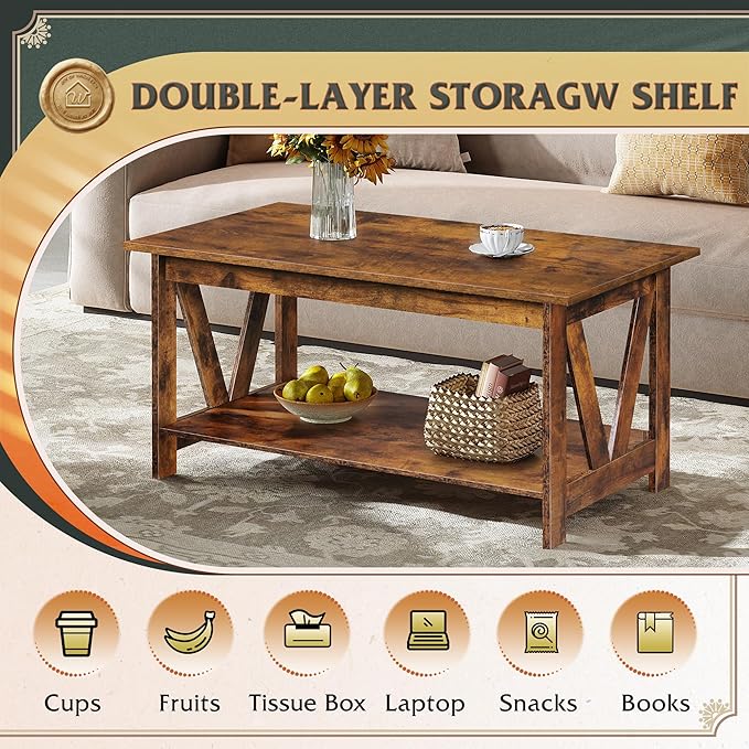 WLIVE Coffee Table with Storage Shelf, 39.4" Farmhouse Coffee Table with - Image 5