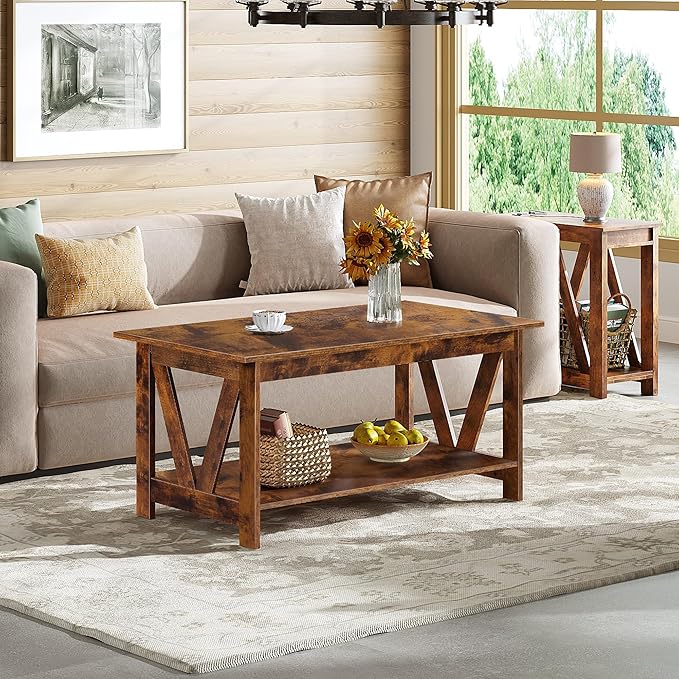WLIVE Coffee Table with Storage Shelf, 39.4" Farmhouse Coffee Table with - Image 7
