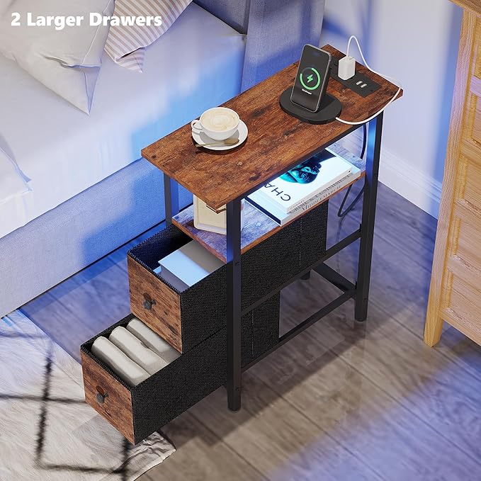 End Table Set 2 with Charging Station, Narrow Side Table with 2 Fabric Drawers - Image 6