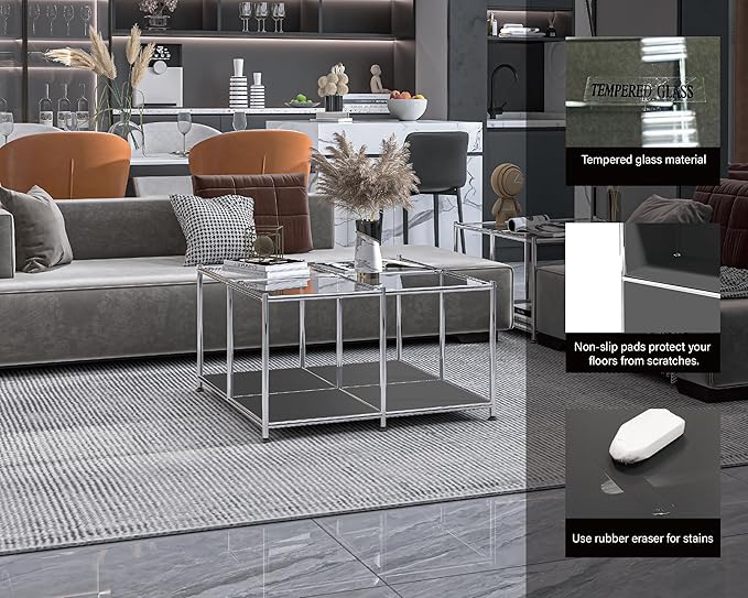 Matte Coffee Table with Open Storage, Square Tempered Glass Storage Rolling - Image 5