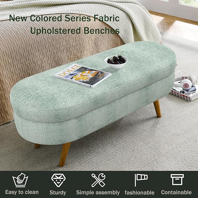 Oval Storage Bench 43.5" Linen Fabric Upholstered Entryway Bench - Image 4