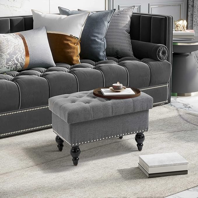 HOMCOM Ottoman with Storage for Living Room, Button-Tufted Fabric Bench for - Image 4