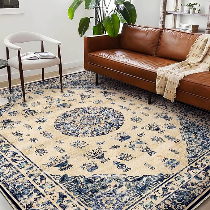 Washable Area Rug 9'x12' Retro Boho Design Non-Shedding Easy Care Ideal by CHAMPLANT