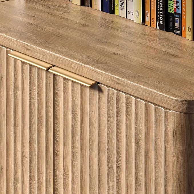 71" Oak Bookcase with Doors, 5-Tier Fluted Tall Bookshelf with Storage - Image 5