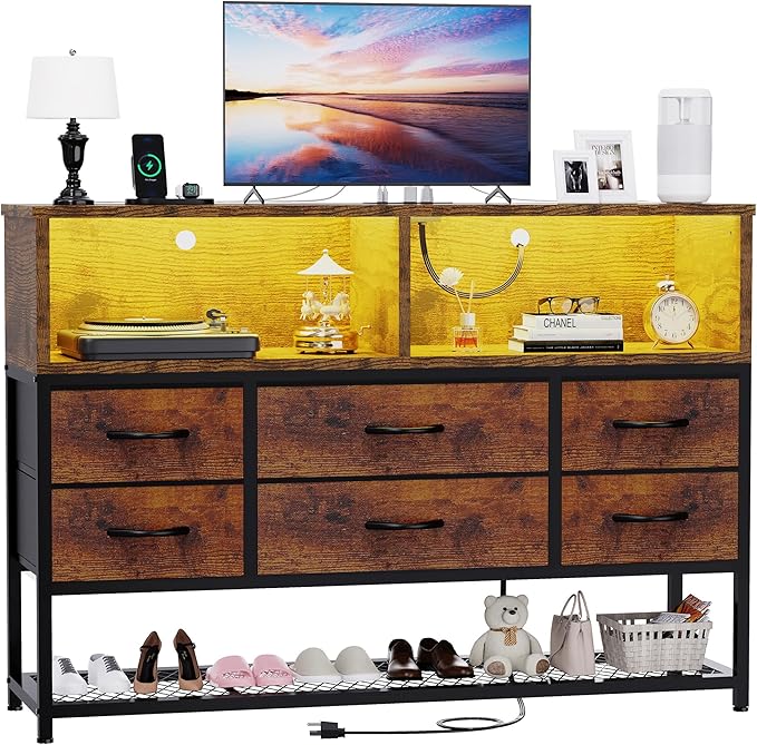 Dresser for Bedroom, 6 Drawers Led Dresser TV Stand by eiskah