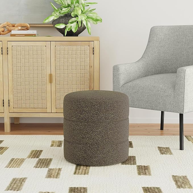 HomePop Upholstered Round Ottoman Home Décor | Round Pouf Foot Rest – Dark - Image 2