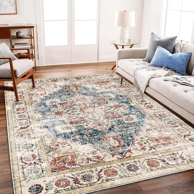 Washable Vintage Area Rug 6'x9' Boho Beige Blue Chic Medallion Distressed by CHAMPLANT