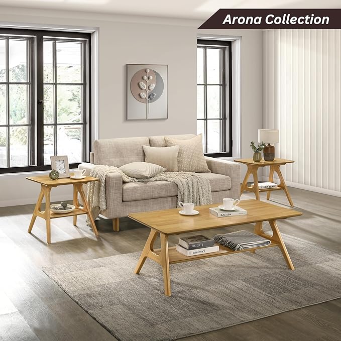 Roundhill Furniture Arona Mid-Century Modern Wood Shelf Coffee Table, Natural - Image 7