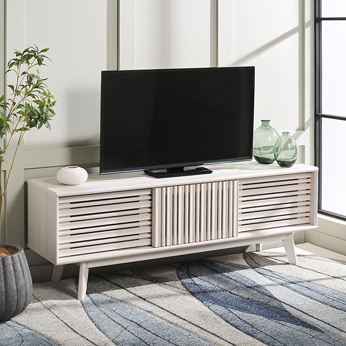 SAFAVIEH ESMA TV Stand for up to 65" Flatscreen – Bleached White, Sliding Doors by SAFAVIEH