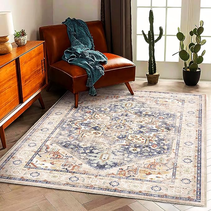 3'x5' Blue Khaki Vintage Washable Thin Area Rug Traditional Floor Cover by CHAMPLANT
