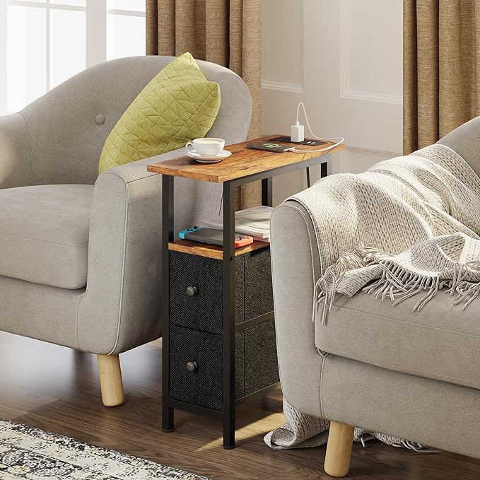 End Table with Charging Station, Narrow Side Table with 2 Fabric Drawers - Image 2