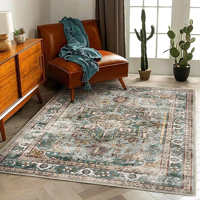 Washable Area Rug 5'x7' Green Retro Boho Chic Medallion Distressed Design - Image 3