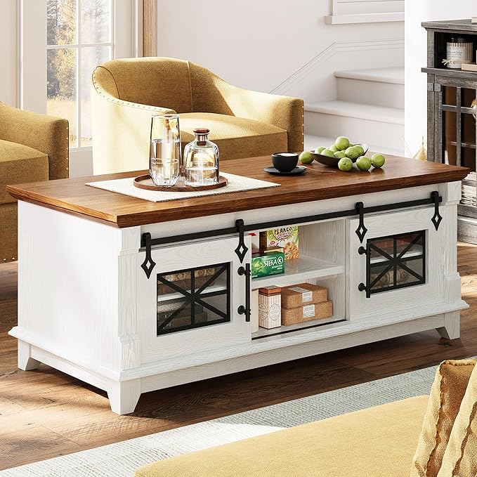 IRONCK 48'' Coffee Table with Sliding Barn Doors, Rustic Center Table with 6 by IRONCK