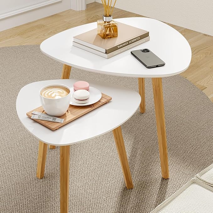BAMEOS Bamboo Nesting Triangle End Table, Balcony in White - Image 2