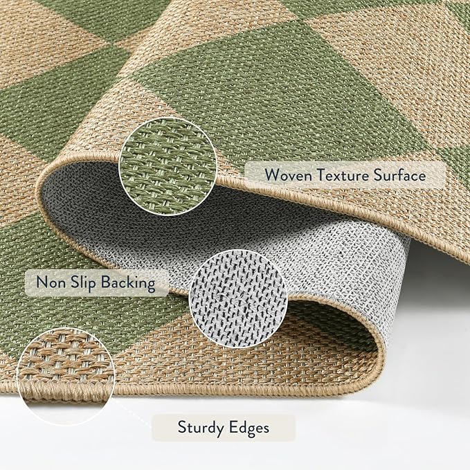 Lahome Green Checkered Easy Jute Rug, 3x5 Washable Outdoor Rug Neutral Rug - Image 3