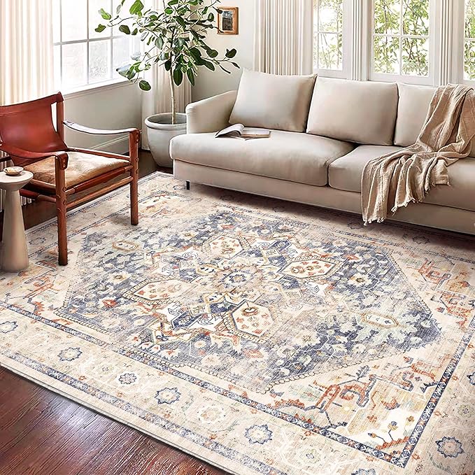 Washable Area Rug 9'x12' Blue Khaki Retro Flowers Boho Design Non-Shedding Easy - Image 2