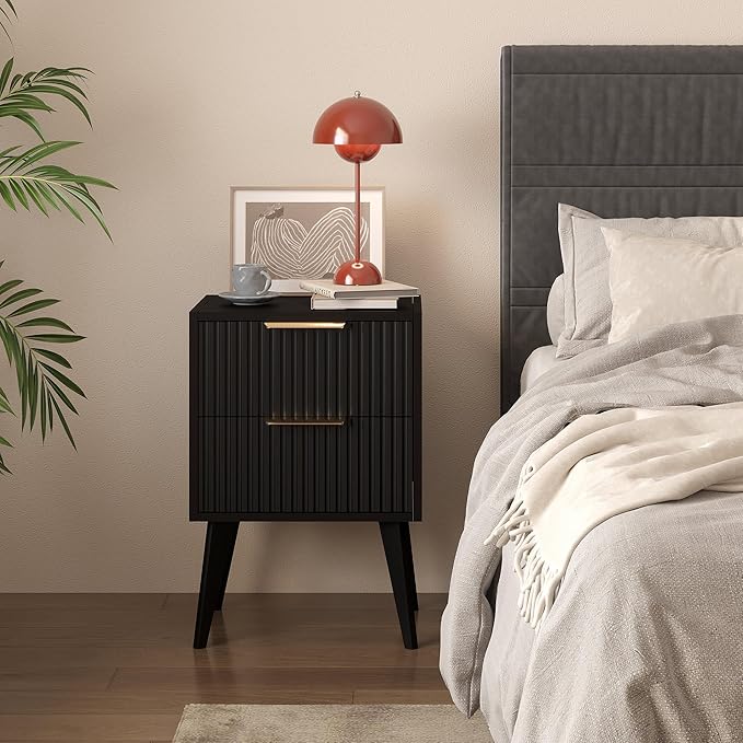 Fluted Nightstand with 2 Drawers, Modern Bedside Table with Metal Handles - Image 5