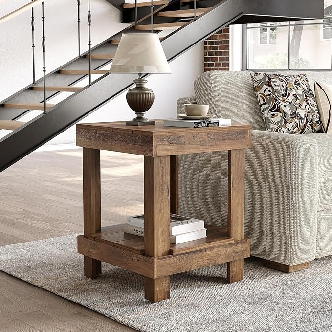LITTLE TREE End Table Set of 2, All Wooden 2-Tier Square Side Table - Image 2