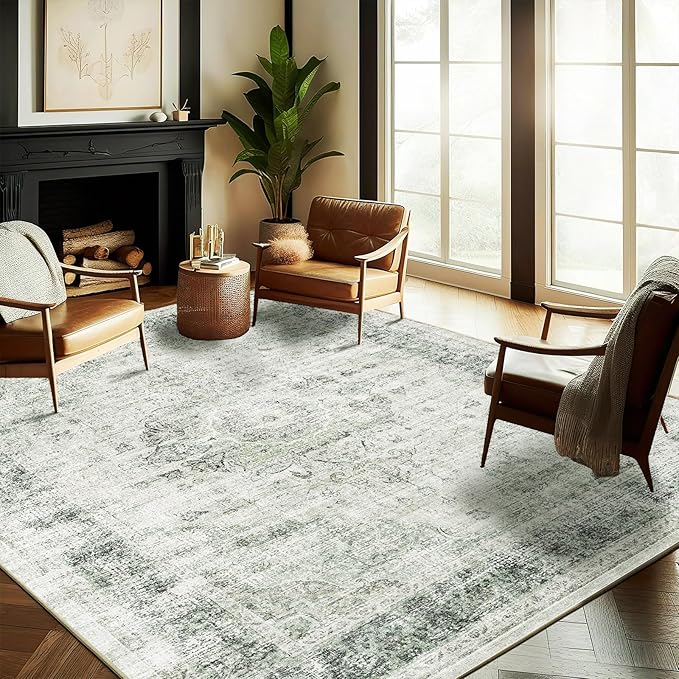 Washable Area Rug 8'x10' Floral Green Retro Boho Design Non-Shedding Non-Slip - Image 3