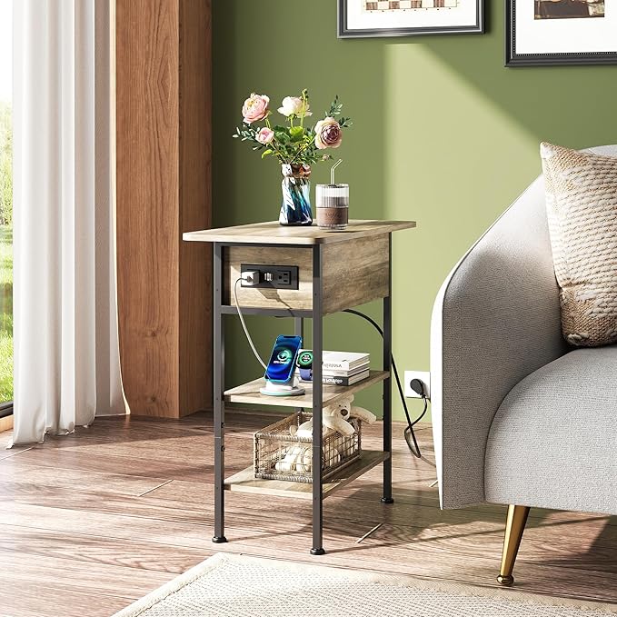 WLIVE End Table with Charging Station, Flip Top Side Table with Storage Shelf - Image 6