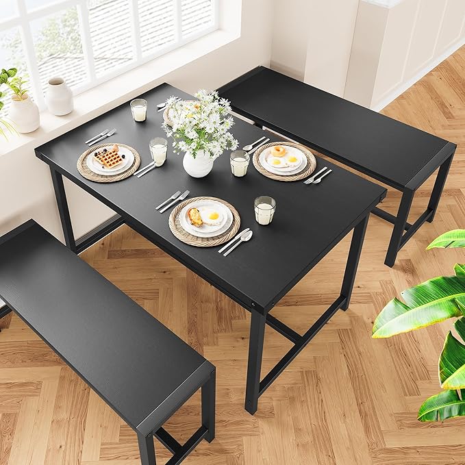 Dining Table Set for 4 with 2 Benches, 3-Piece Kitchen Table Set, Space-Saving - Image 4