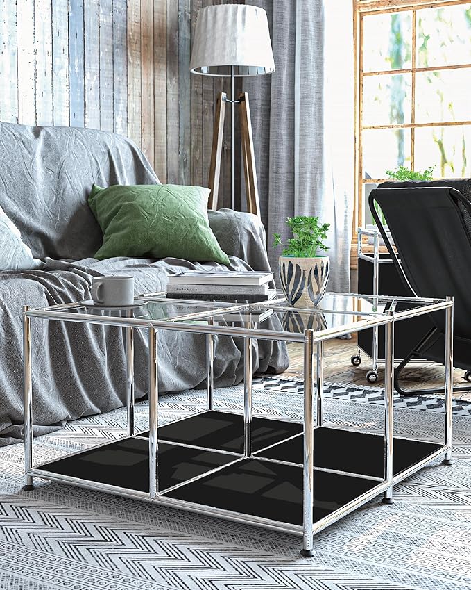 Matte Coffee Table with Open Storage, Square Tempered Glass Storage Rolling - Image 7