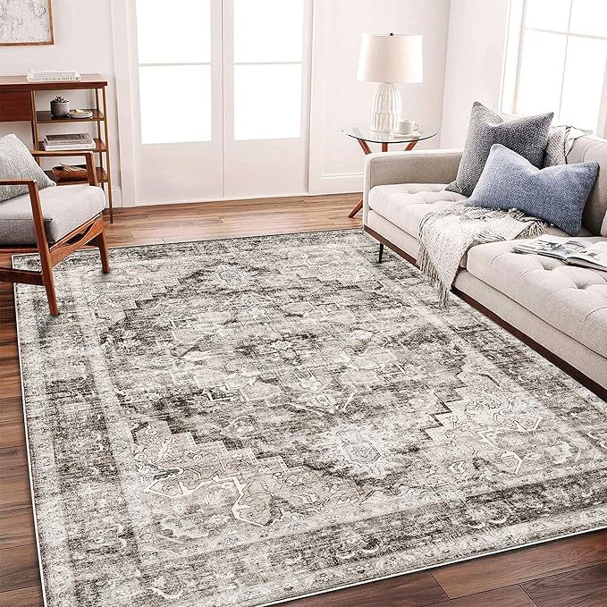 Area Rug 5'x7' Deep Khaki Washable Vintage Traditional Floor Cover Thin Retro by CHAMPLANT